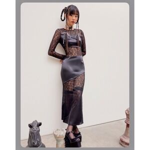 New Cider Maxi Dress Small Black Lace Satin Asymmetrical Patchwork Goth Grunge